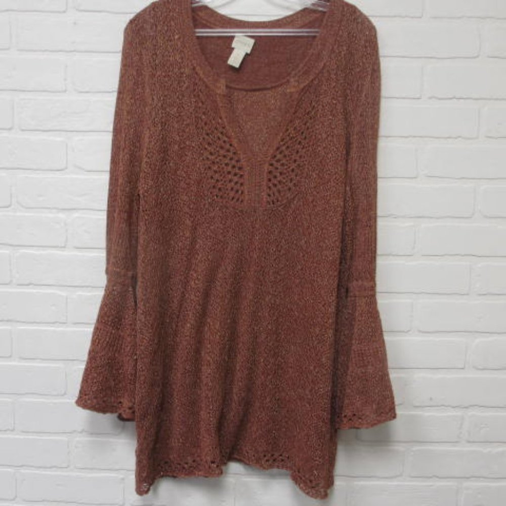 Chico's Pumpkin Gold Metallic Lacy Trumpet Sleeve Lightweight Sweater Size 2X